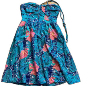 MODCLOTH STRAPLESS HALTER TROPICAL PRINT TEAL PINK NAVY DRESS Sz S